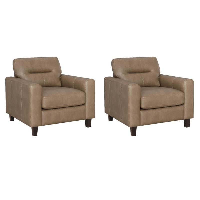 Pemberly Row Set of 2 Faux Leather Upholstered Track Arm Chairs in Brown