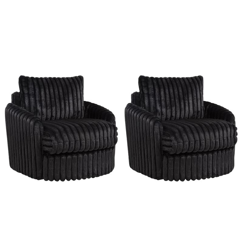 Pemberly Row Set of 2 Corduroy Fabric Swivel Accent Arm Chairs in Black