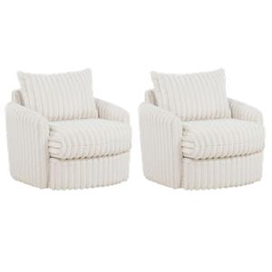 Pemberly Row Set of 2 Corduroy Fabric Swivel Accent Arm Chairs in Ivory