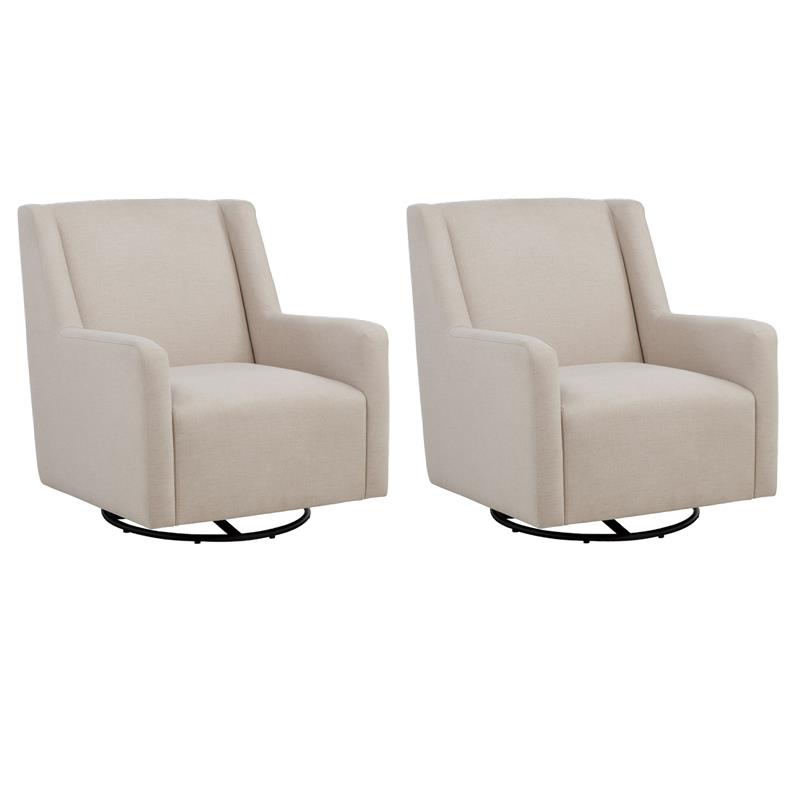 Pemberly Row Set of 2 Upholstered Fabric Swivel Glider Arm Chairs in Latte