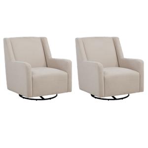 Pemberly Row Set of 2 Upholstered Fabric Swivel Glider Arm Chairs in Latte
