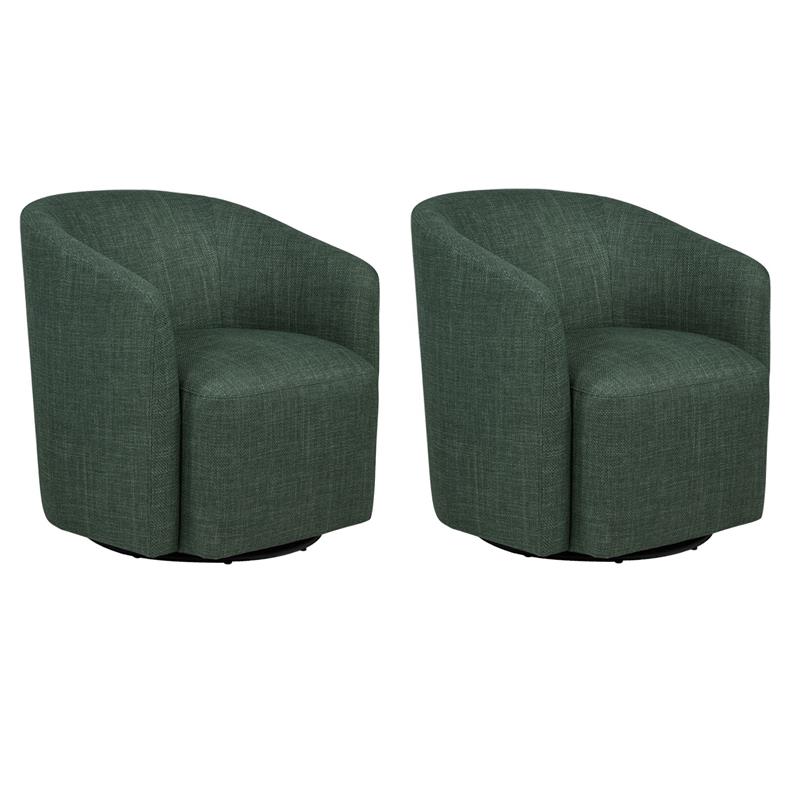 Pemberly Row Set of 2 Transitional Fabric Swivel Accent Chairs in Green