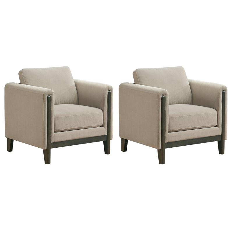 Pemberly Row Set of 2 Transitional Fabric Panel Arm Accent Chairs in Taupe