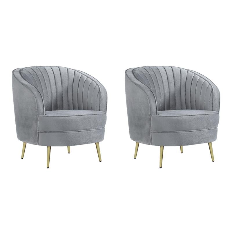 Pemberly Row Set of 2 Upholstered Channel Tufted Barrel Accent Chairs in Grey