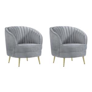 Pemberly Row Set of 2 Upholstered Channel Tufted Barrel Accent Chairs in Grey