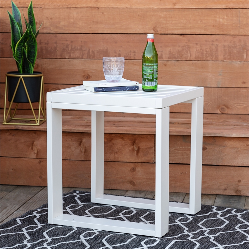 Pemberly Row Set of 3 Outdoor Bench With Slatted Back and Cushion & Side Tables