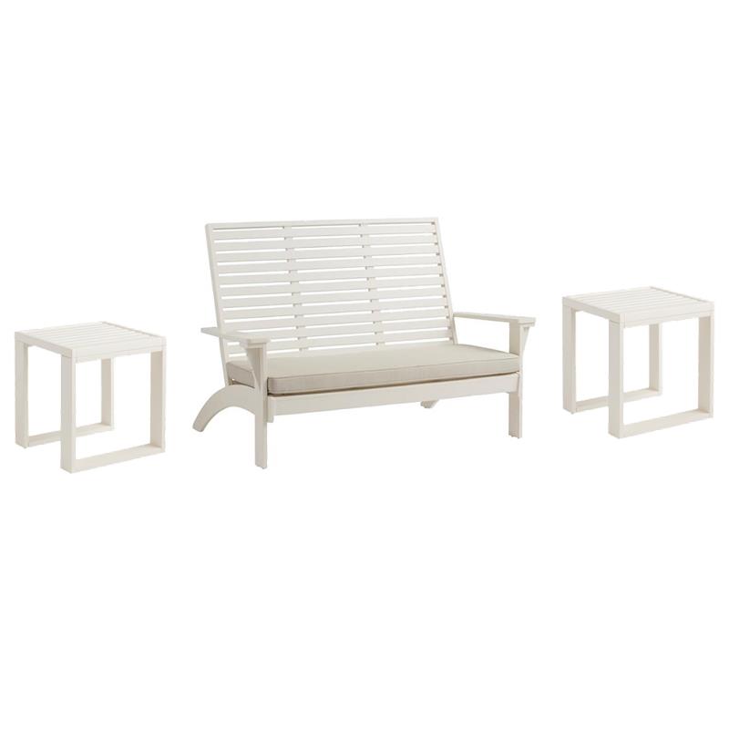 Pemberly Row Set of 3 Outdoor Bench With Slatted Back and Cushion & Side Tables