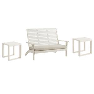Pemberly Row Set of 3 Outdoor Bench With Slatted Back and Cushion & Side Tables
