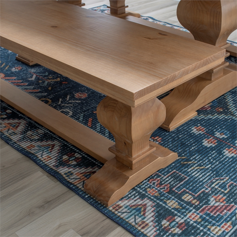 Pemberly Row Set of 3 Brown Pine Wood Double Pedestal Benchs & Dining Table