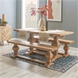 Pemberly Row Set of 3 Brown Pine Wood Double Pedestal Benchs & Dining Table