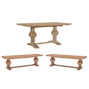 Pemberly Row Set of 3 Brown Pine Wood Double Pedestal Benchs & Dining Table
