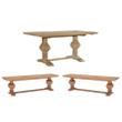 Pemberly Row Set of 3 Brown Pine Wood Double Pedestal Benchs & Dining Table
