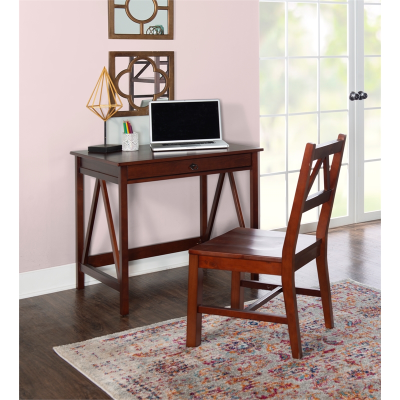 Pemberly Row Set of 2 Pine Wood 1-Drawer Desk and Chair in Tobacco Brown