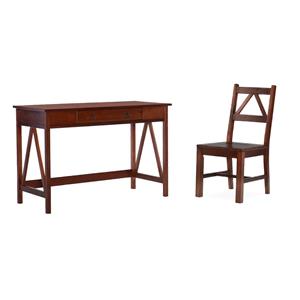 Pemberly Row Set of 2 Pine Wood 1-Drawer Desk and Chair in Tobacco Brown
