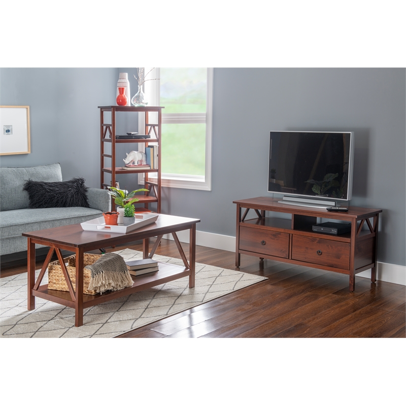 Pemberly Row 5-Piece Wood Living Room Furniture Set in Tobacco Brown