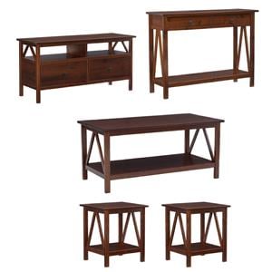 Pemberly Row 5-Piece Wood Living Room Furniture Set in Tobacco Brown