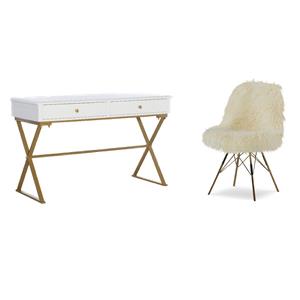 Pemberly Row Set of 2 Writing Desk with Criss Cross Legs & Faux Fur Accent Chair