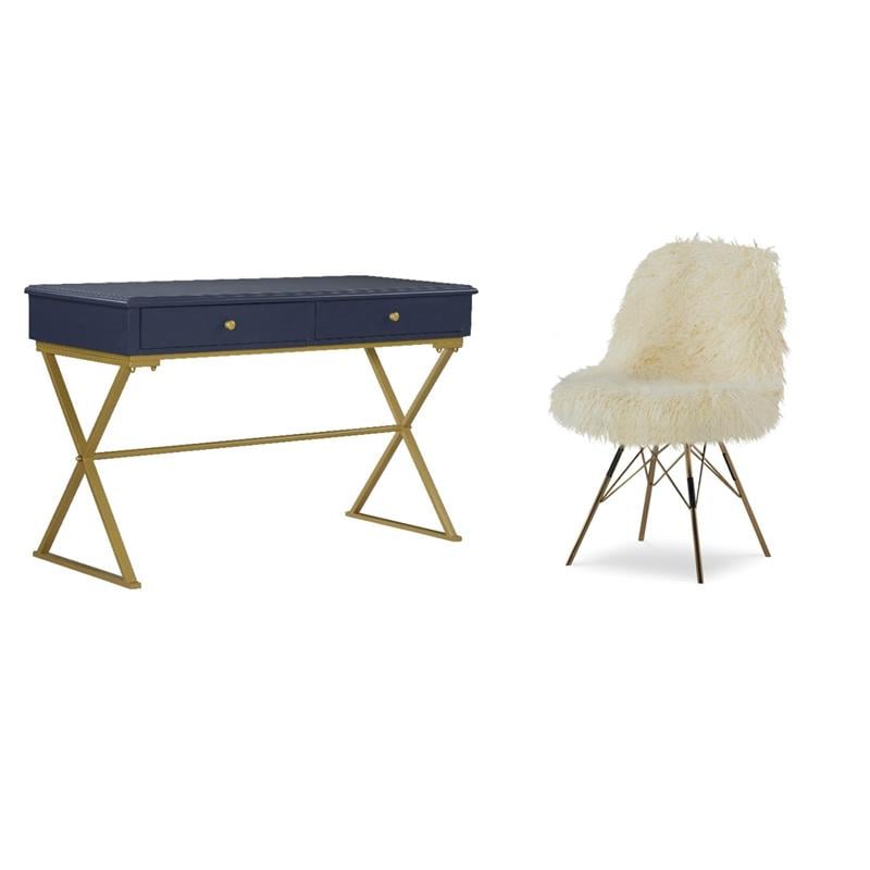 Pemberly Row Set of 2 Writing Desk with Criss Cross Legs & Faux Fur Accent Chair