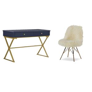 Pemberly Row Set of 2 Writing Desk with Criss Cross Legs & Faux Fur Accent Chair