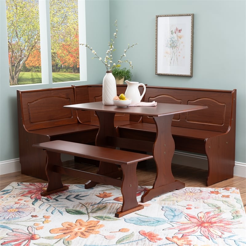 Pemberly Row 4-Piece Corner Walnut Dining Nook with Cushion Set in Blue