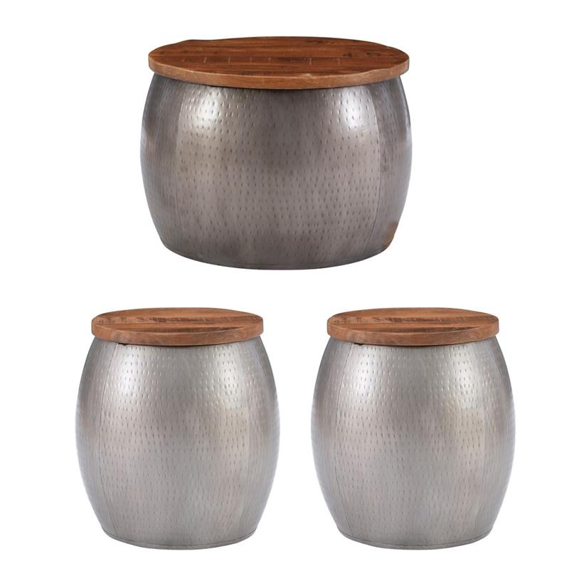Pemberly Row Set of 3 Metal Drum Table & Side Tables with Storage in Pewter
