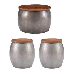 Pemberly Row Set of 3 Metal Drum Table & Side Tables with Storage in Pewter