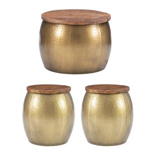 Pemberly Row Set of 3 Large Wood and Metal Drum Table & Side Tables with Storage