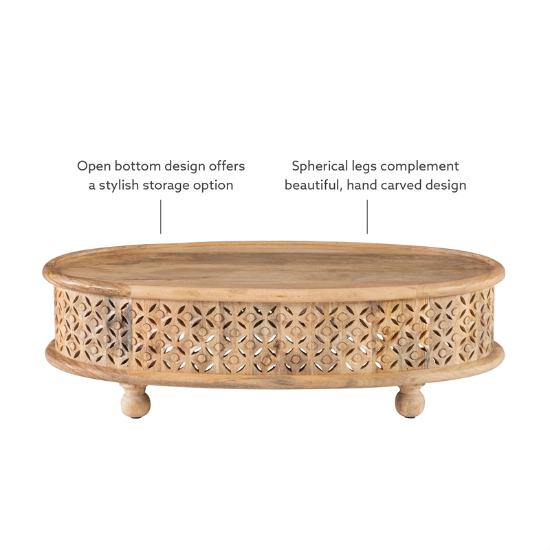 Pemberly Row Set of 3 Oval Hand Carved Wood Coffee Table & Side Tables