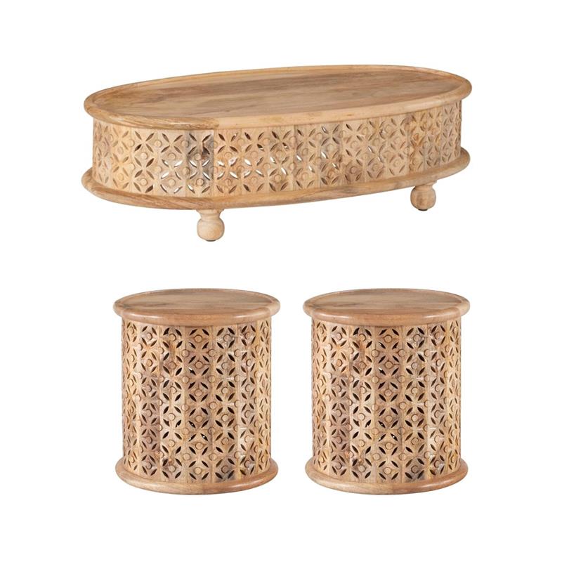 Pemberly Row Set of 3 Oval Hand Carved Wood Coffee Table & Side Tables