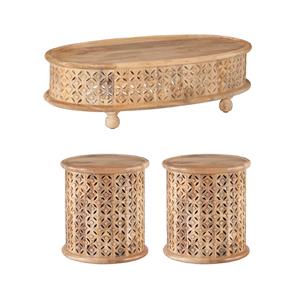 Pemberly Row Set of 3 Oval Hand Carved Wood Coffee Table & Side Tables