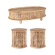 Pemberly Row Set of 3 Oval Hand Carved Wood Coffee Table & Side Tables