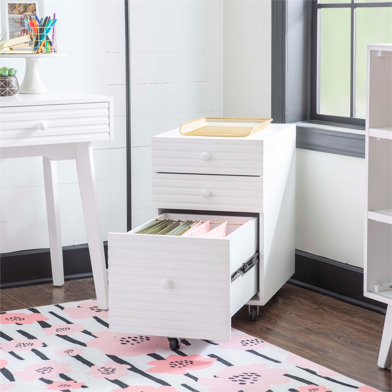 Pemberly Row Set of 3 Bookcase & Filing Cabinet & Desk in White