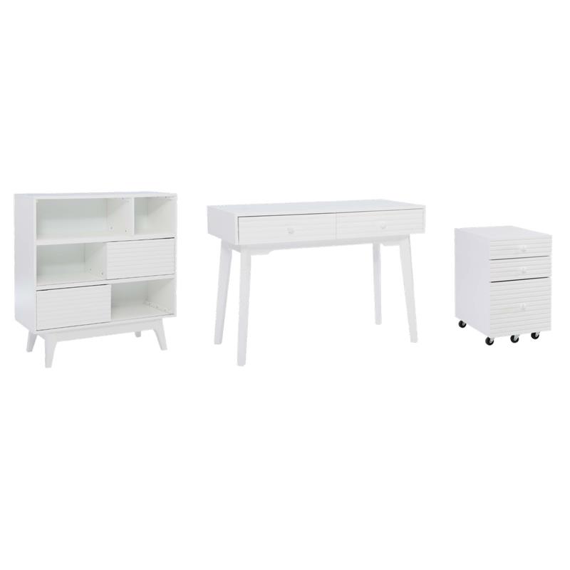 Pemberly Row Set of 3 Bookcase & Filing Cabinet & Desk in White