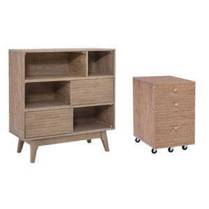 Pemberly Row Set of 2 Bookcase & Filing Cabinet with Rolling Castors in Natural