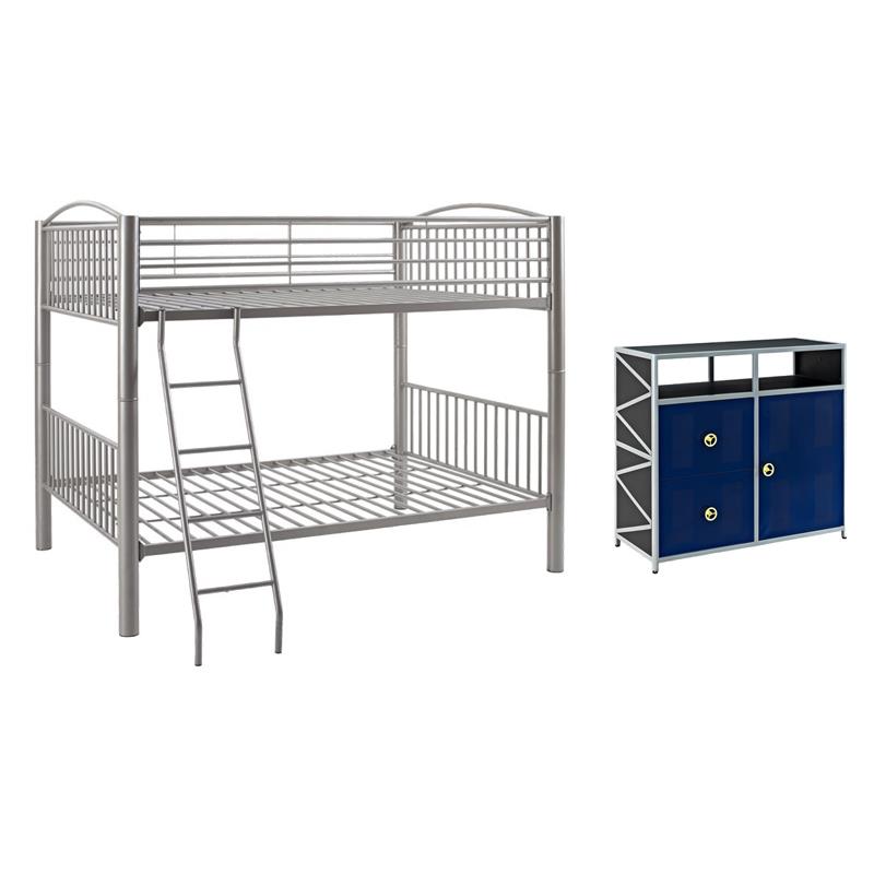 Pemberly Row Set of 2 Metal Youth Cabinet & Full Over Full Bunk Bed with Ladder