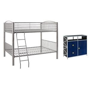 Pemberly Row Set of 2 Metal Youth Cabinet & Full Over Full Bunk Bed with Ladder