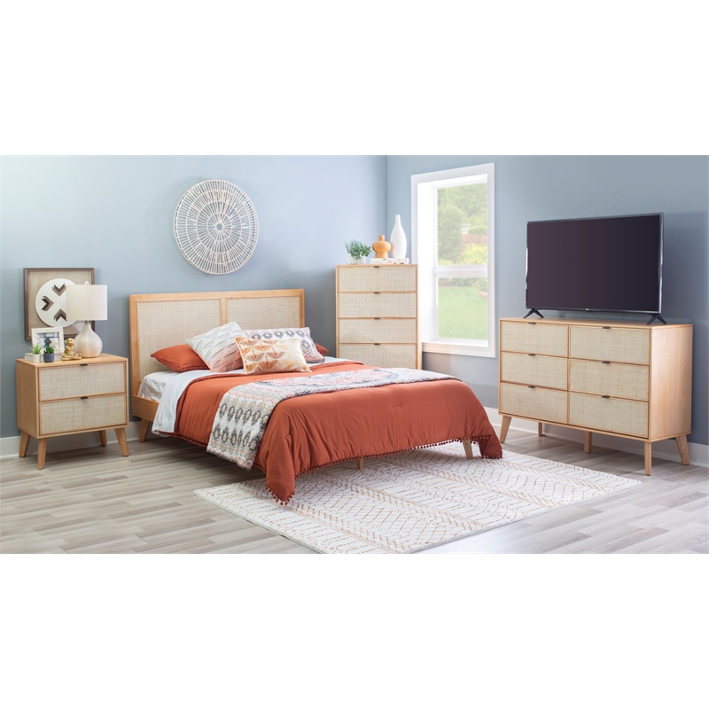 Pemberly Row Set of 4-Piece Woven Rattan Cane Queen Bedroom Set in Natural