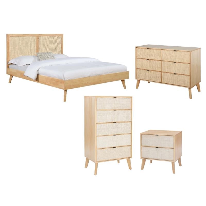 Pemberly Row Set of 4-Piece Woven Rattan Cane Queen Bedroom Set in Natural
