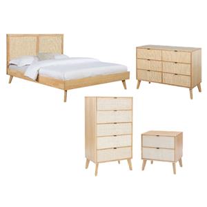 Pemberly Row Set of 4-Piece Woven Rattan Cane Queen Bedroom Set in Natural