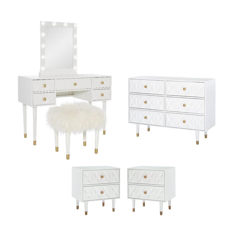 Pemberly Row Set of 5 Lighted Vanity & Fluffy Stool & Dresser & Nightstands