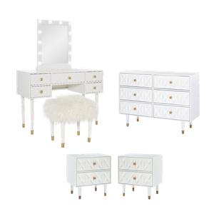 Pemberly Row Set of 5 Lighted Vanity & Fluffy Stool & Dresser & Nightstands