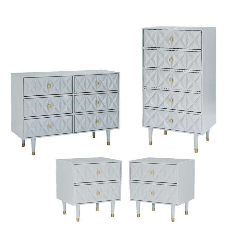 Pemberly Row Set of 4 Dresser & Chest & Nightstands in Glossy Black