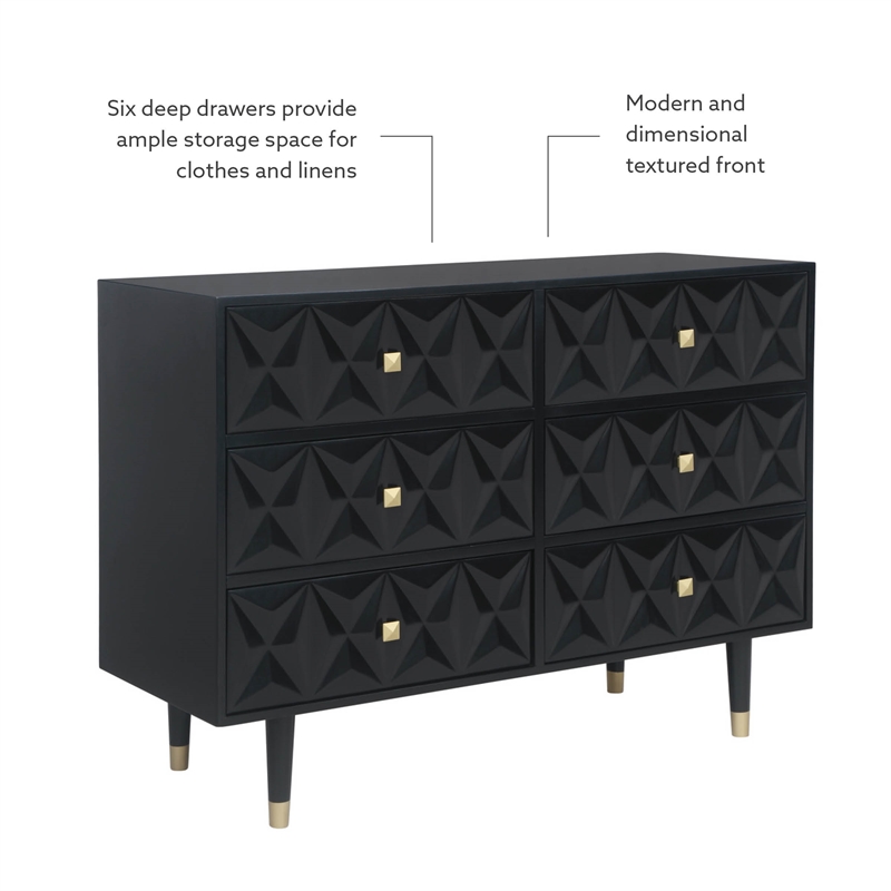 Pemberly Row Set of 3 6-Drawer Dresser & 2-Drawer Nightstands in Glossy Black