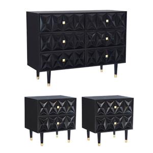 Pemberly Row Set of 3 6-Drawer Dresser & 2-Drawer Nightstands in Glossy Black