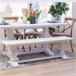 Pemberly Row Set of 3 White Pine Wood Double Pedestal Benchs & Dining Table