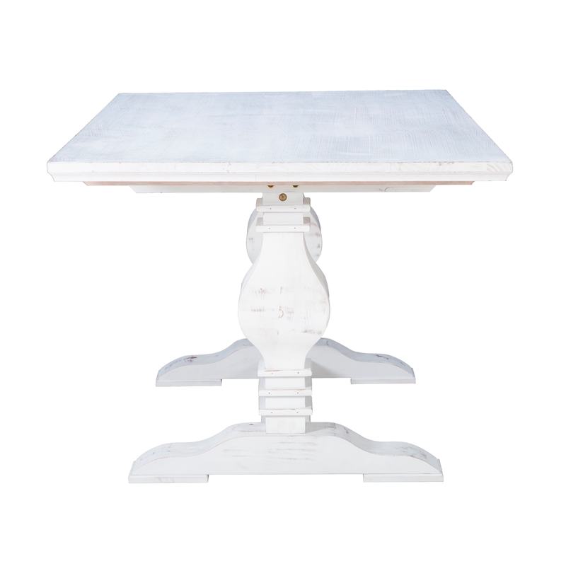 Pemberly Row Set of 3 White Pine Wood Double Pedestal Benchs & Dining Table