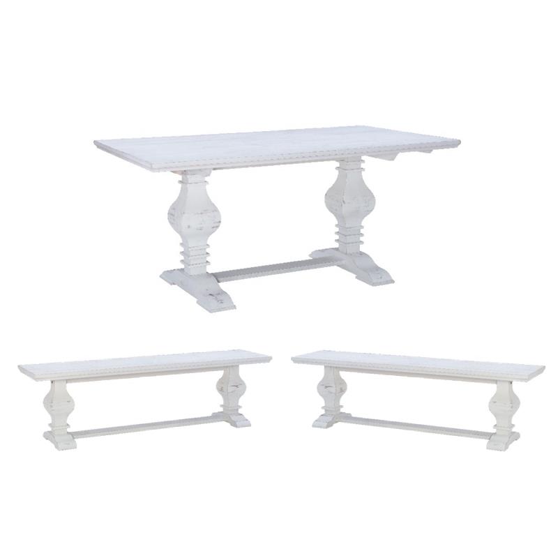 Pemberly Row Set of 3 White Pine Wood Double Pedestal Benchs & Dining Table
