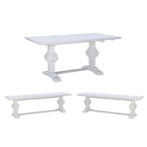 Pemberly Row Set of 3 White Pine Wood Double Pedestal Benchs & Dining Table