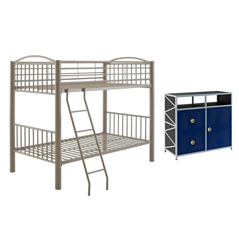 Pemberly Row Set of 2 Metal Youth Cabinet & Twin Over Twin Bunk Bed with Ladder