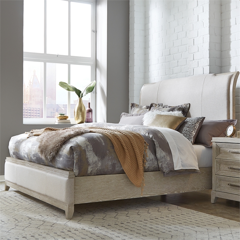 Pemberly Row Set of 4 Queen Panel Bed & Dresser & Nightstands in Washed Taupe